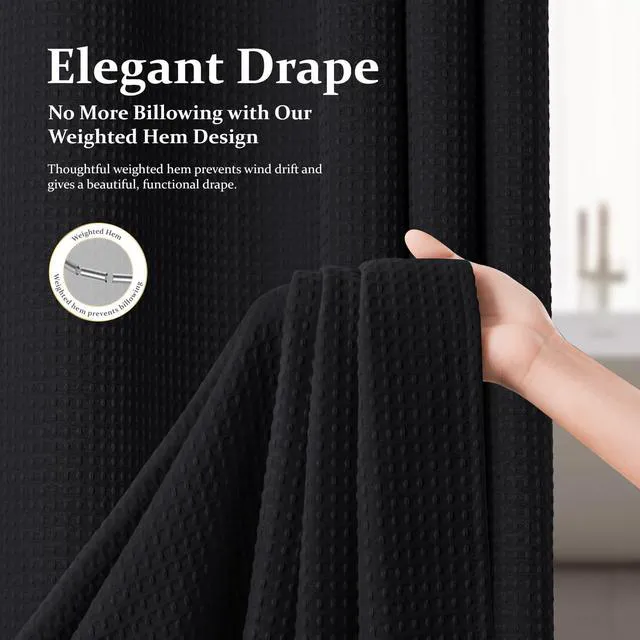 Alt view image 3 of 7 - Waffle Shower Curtain 256 GSM Heavy Duty Fabric 72"x72" Black | Thick Textured Cloth, Weighted Hem, Water Repellent Washable, Hotel Luxury Polyester Shower Curtain Set for Bathroom 12 Hooks