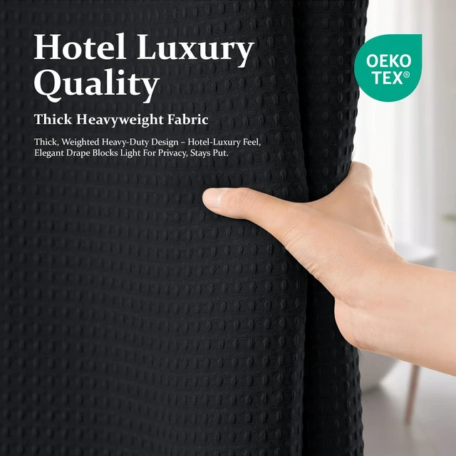 Alt view image 5 of 7 - Waffle Shower Curtain 256 GSM Heavy Duty Fabric 72"x72" Black | Thick Textured Cloth, Weighted Hem, Water Repellent Washable, Hotel Luxury Polyester Shower Curtain Set for Bathroom 12 Hooks