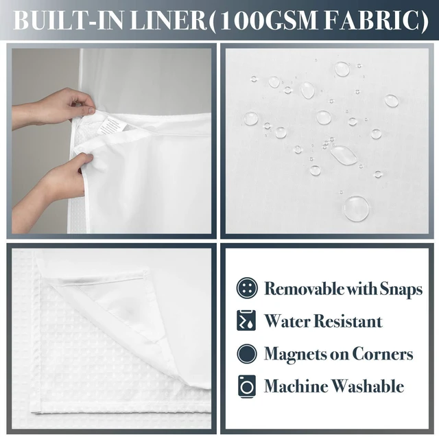 Alt view image 3 of 7 - Waffle Weave Shower Curtain with Snap-in Liner Set White, 71x72 | 12 Metal Hooks Included, Snap on/off Fabric Liner, Mesh Top Window, Washable, Hotel Style Shower Curtain Set for Bathroom