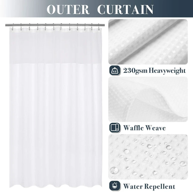 Alt view image 2 of 7 - Waffle Weave Shower Curtain with Snap-in Liner Set White, 71x72 | 12 Metal Hooks Included, Snap on/off Fabric Liner, Mesh Top Window, Washable, Hotel Style Shower Curtain Set for Bathroom