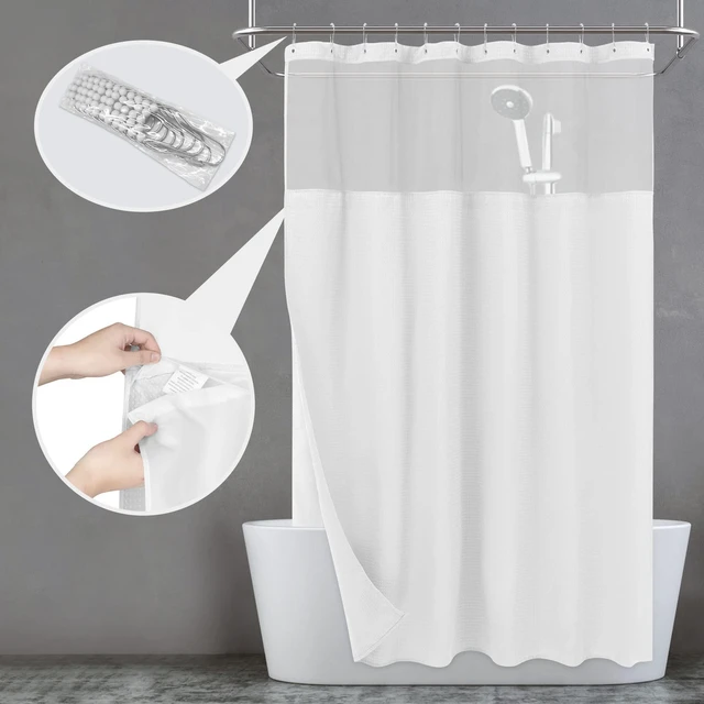 Alt view image 4 of 7 - Waffle Weave Shower Curtain with Snap-in Liner Set White, 71x72 | 12 Metal Hooks Included, Snap on/off Fabric Liner, Mesh Top Window, Washable, Hotel Style Shower Curtain Set for Bathroom