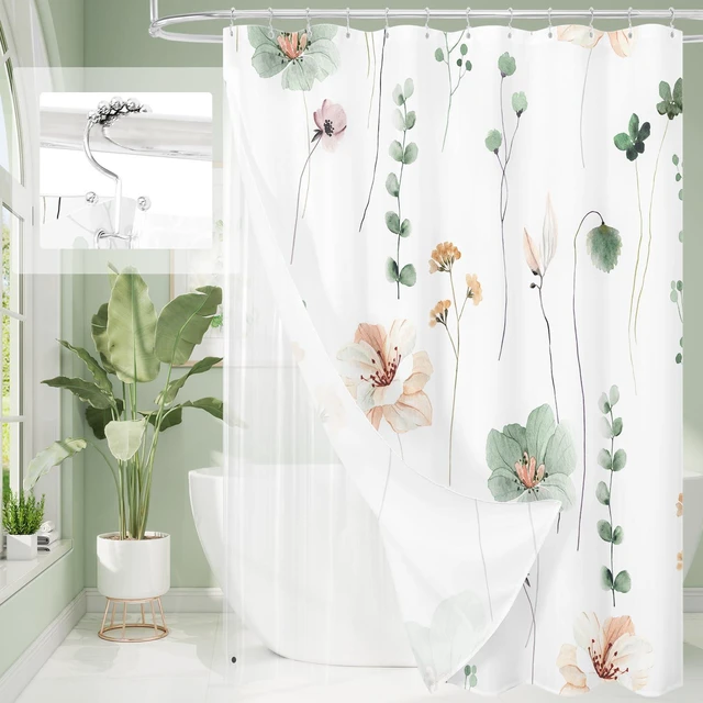 Main image of 3 in 1 Sage Green Watercolor Floral Shower Curtain Liner Set, 72x72 | 3 in 1 Shower Curtain Set, PEVA Liner& 12 Double Sided Steel Hooks, Waterproof Fabric Bathroom Curtain