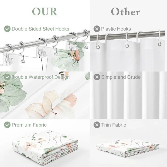 Alt view image 2 of 7 - 3 in 1 Sage Green Watercolor Floral Shower Curtain Liner Set, 72x72 | 3 in 1 Shower Curtain Set, PEVA Liner& 12 Double Sided Steel Hooks, Waterproof Fabric Bathroom Curtain
