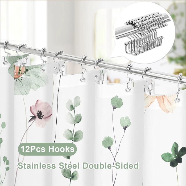 Alt view image 3 of 7 - 3 in 1 Sage Green Watercolor Floral Shower Curtain Liner Set, 72x72 | 3 in 1 Shower Curtain Set, PEVA Liner& 12 Double Sided Steel Hooks, Waterproof Fabric Bathroom Curtain