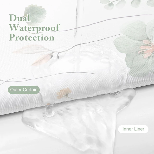 Alt view image 4 of 7 - 3 in 1 Sage Green Watercolor Floral Shower Curtain Liner Set, 72x72 | 3 in 1 Shower Curtain Set, PEVA Liner& 12 Double Sided Steel Hooks, Waterproof Fabric Bathroom Curtain
