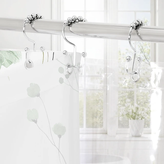 Alt view image 6 of 7 - 3 in 1 Sage Green Watercolor Floral Shower Curtain Liner Set, 72x72 | 3 in 1 Shower Curtain Set, PEVA Liner& 12 Double Sided Steel Hooks, Waterproof Fabric Bathroom Curtain