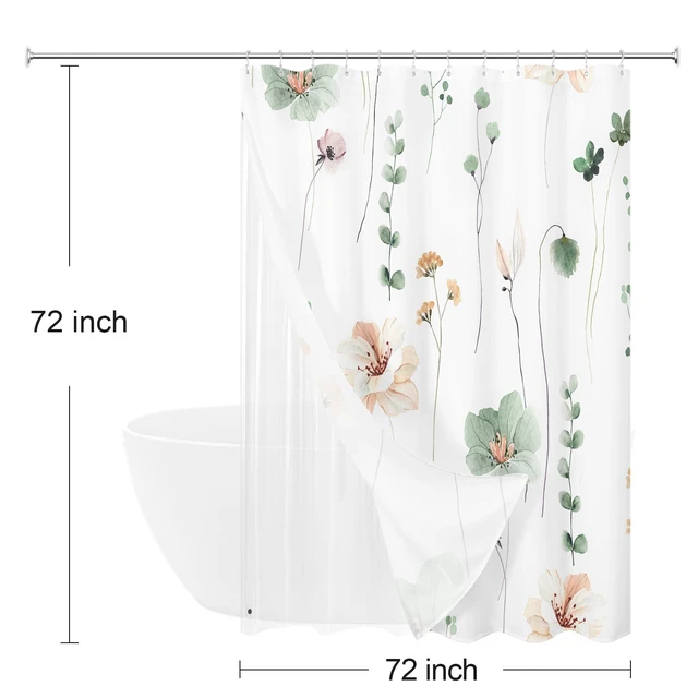Alt view image 7 of 7 - 3 in 1 Sage Green Watercolor Floral Shower Curtain Liner Set, 72x72 | 3 in 1 Shower Curtain Set, PEVA Liner& 12 Double Sided Steel Hooks, Waterproof Fabric Bathroom Curtain