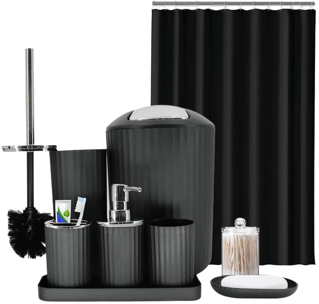 Main image of Black Bathroom Accessories Set, 10Pcs Bathroom Accessory Sets Complete with Trash Can, Shower Curtain, Vanity Tray, Soap Dispenser, Soap Dish, Toothbrush Holder&Cup, Toilet Brush&Holder, Qtip Holder