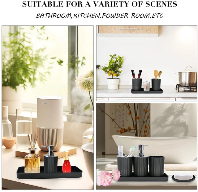 Alt view image 2 of 7 - Black Bathroom Accessories Set, 10Pcs Bathroom Accessory Sets Complete with Trash Can, Shower Curtain, Vanity Tray, Soap Dispenser, Soap Dish, Toothbrush Holder&Cup, Toilet Brush&Holder, Qtip Holder