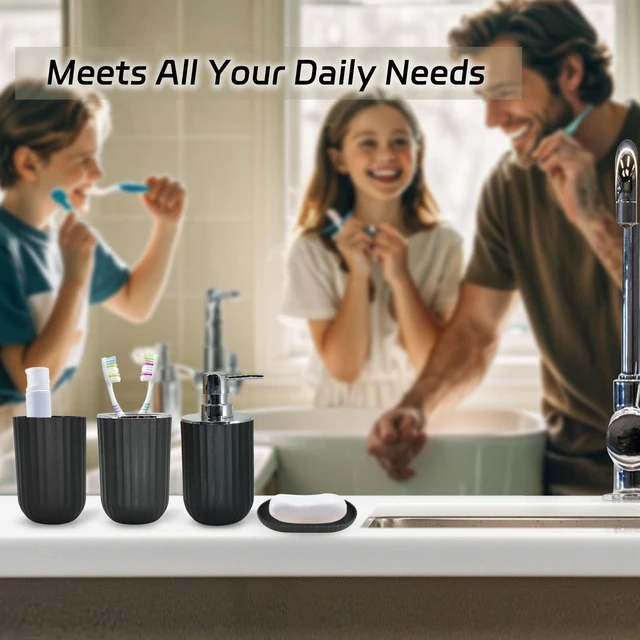 Alt view image 3 of 7 - Black Bathroom Accessories Set, 10Pcs Bathroom Accessory Sets Complete with Trash Can, Shower Curtain, Vanity Tray, Soap Dispenser, Soap Dish, Toothbrush Holder&Cup, Toilet Brush&Holder, Qtip Holder