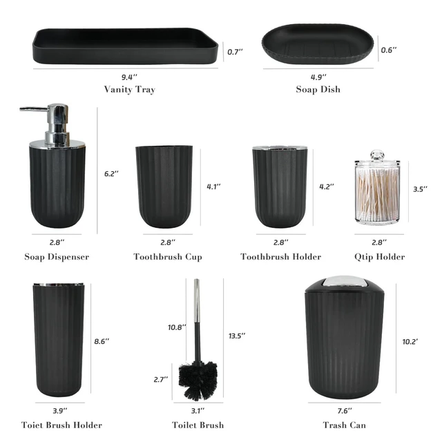 Alt view image 7 of 7 - Black Bathroom Accessories Set, 10Pcs Bathroom Accessory Sets Complete with Trash Can, Shower Curtain, Vanity Tray, Soap Dispenser, Soap Dish, Toothbrush Holder&Cup, Toilet Brush&Holder, Qtip Holder