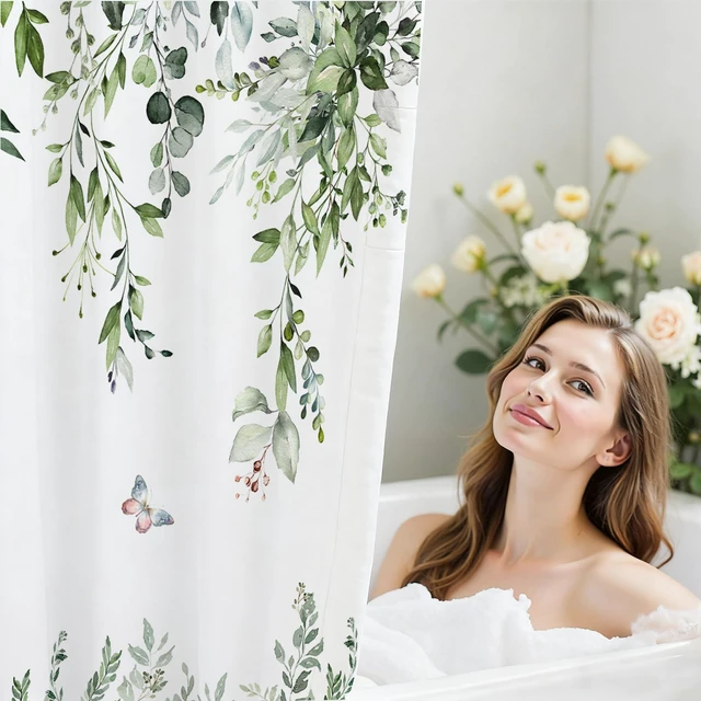 Alt view image 2 of 7 - 16 Pcs Sage Green Eucalyptus Shower Curtain Set with Rugs,72x72 Inch | Botanical Leaf Bath Curtains, Quick Absorbent Foam Mats, 120GSM Heavy-Weight Fabric Curtain with 12 Metal Hooks
