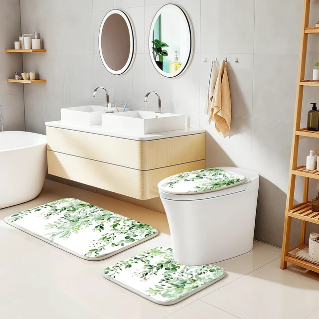 Alt view image 3 of 7 - 16 Pcs Sage Green Eucalyptus Shower Curtain Set with Rugs,72x72 Inch | Botanical Leaf Bath Curtains, Quick Absorbent Foam Mats, 120GSM Heavy-Weight Fabric Curtain with 12 Metal Hooks