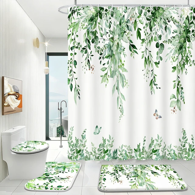 Alt view image 4 of 7 - 16 Pcs Sage Green Eucalyptus Shower Curtain Set with Rugs,72x72 Inch | Botanical Leaf Bath Curtains, Quick Absorbent Foam Mats, 120GSM Heavy-Weight Fabric Curtain with 12 Metal Hooks