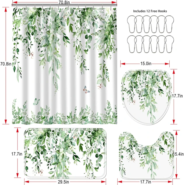 Alt view image 5 of 7 - 16 Pcs Sage Green Eucalyptus Shower Curtain Set with Rugs,72x72 Inch | Botanical Leaf Bath Curtains, Quick Absorbent Foam Mats, 120GSM Heavy-Weight Fabric Curtain with 12 Metal Hooks