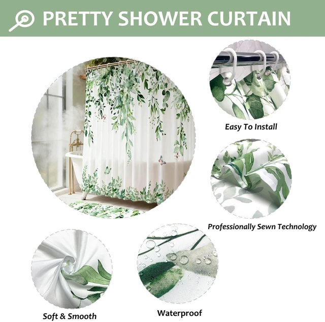 Alt view image 6 of 7 - 16 Pcs Sage Green Eucalyptus Shower Curtain Set with Rugs,72x72 Inch | Botanical Leaf Bath Curtains, Quick Absorbent Foam Mats, 120GSM Heavy-Weight Fabric Curtain with 12 Metal Hooks