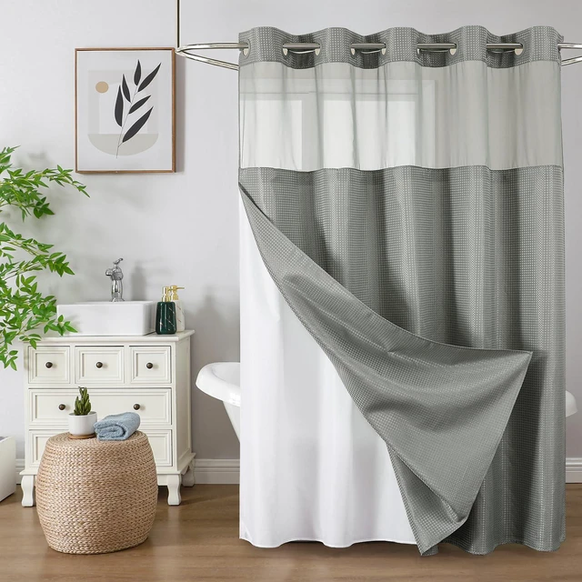 Main image of Waffle Weave No Hook Shower Curtain Set, 72 x 75 Inch, Grey | Heavy Duty Thick Shower Curtain Sets with Snap in Fabric Liner and Mesh Top Window, Hotel Style Waterproof Bathroom Curtain