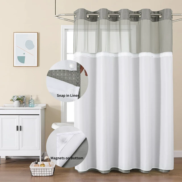 Alt view image 2 of 7 - Waffle Weave No Hook Shower Curtain Set, 72 x 75 Inch, Grey | Heavy Duty Thick Shower Curtain Sets with Snap in Fabric Liner and Mesh Top Window, Hotel Style Waterproof Bathroom Curtain