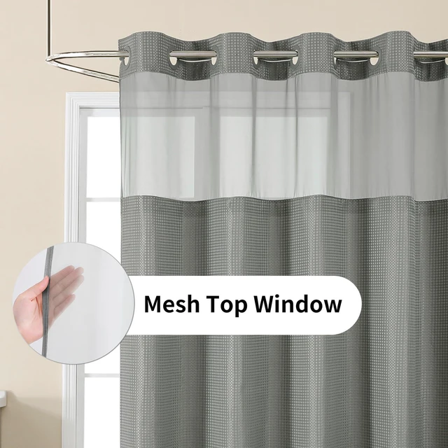 Alt view image 3 of 7 - Waffle Weave No Hook Shower Curtain Set, 72 x 75 Inch, Grey | Heavy Duty Thick Shower Curtain Sets with Snap in Fabric Liner and Mesh Top Window, Hotel Style Waterproof Bathroom Curtain