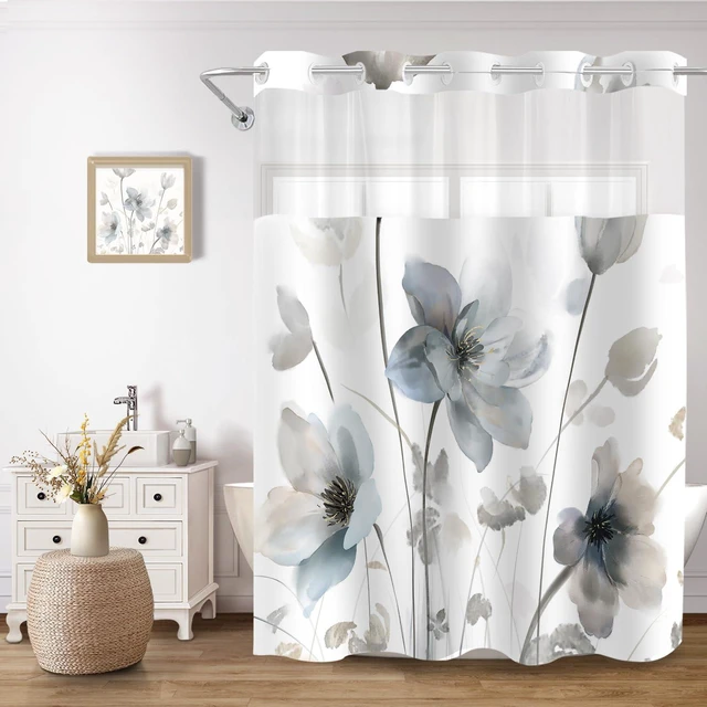 Main image of No Hook Shower Curtain and Liner Set, Blue Grey Boho Floral 71x74 | Watercolor Boho Flower, with Snap in Liner, Mesh Top Window, Machine Washable, Quick-Drying, for Hotel Bathroom