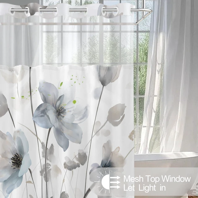 Alt view image 3 of 7 - No Hook Shower Curtain and Liner Set, Blue Grey Boho Floral 71x74 | Watercolor Boho Flower, with Snap in Liner, Mesh Top Window, Machine Washable, Quick-Drying, for Hotel Bathroom