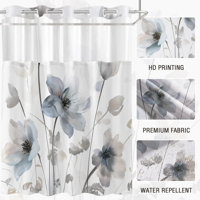 Alt view image 5 of 7 - No Hook Shower Curtain and Liner Set, Blue Grey Boho Floral 71x74 | Watercolor Boho Flower, with Snap in Liner, Mesh Top Window, Machine Washable, Quick-Drying, for Hotel Bathroom