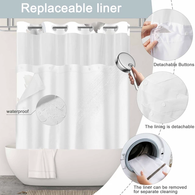 Alt view image 4 of 7 - No Hook Shower Curtain and Liner Set, Blue Grey Boho Floral 71x74 | Watercolor Boho Flower, with Snap in Liner, Mesh Top Window, Machine Washable, Quick-Drying, for Hotel Bathroom