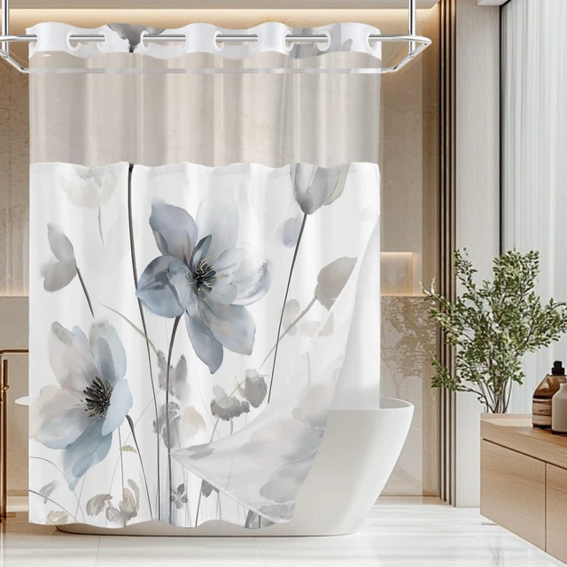 Alt view image 7 of 7 - No Hook Shower Curtain and Liner Set, Blue Grey Boho Floral 71x74 | Watercolor Boho Flower, with Snap in Liner, Mesh Top Window, Machine Washable, Quick-Drying, for Hotel Bathroom