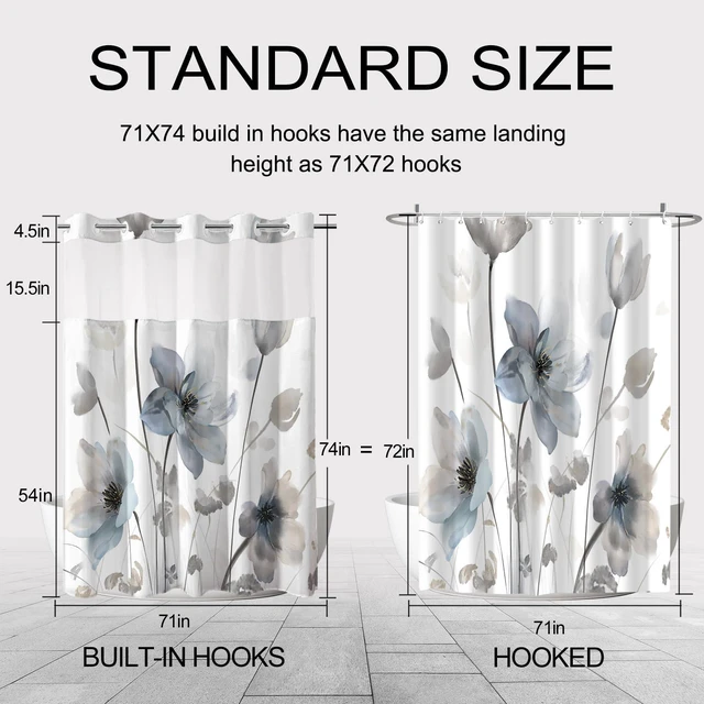 Alt view image 6 of 7 - No Hook Shower Curtain and Liner Set, Blue Grey Boho Floral 71x74 | Watercolor Boho Flower, with Snap in Liner, Mesh Top Window, Machine Washable, Quick-Drying, for Hotel Bathroom