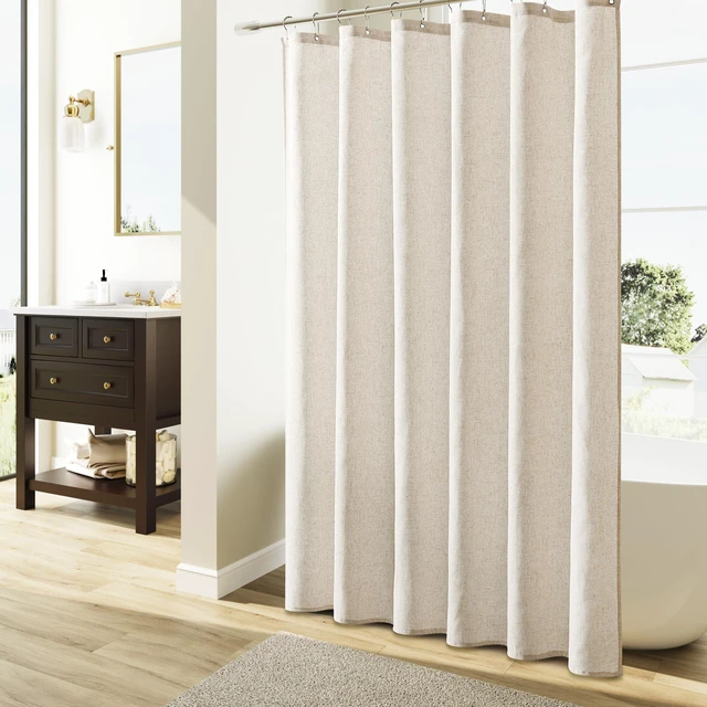 Alt view image 2 of 7 - Linen Shower Curtain 72 Inch Long for Bathroom Beige 1 Panel | 6FT, Neutral Rustic Boho Farmhouse, Water Repellent, Bath Decor Shower Curtains, Textured Fabric with Hooks, 72x72