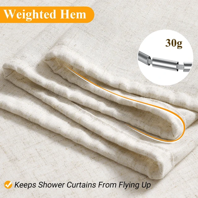 Alt view image 6 of 7 - Linen Shower Curtain 72 Inch Long for Bathroom Beige 1 Panel | 6FT, Neutral Rustic Boho Farmhouse, Water Repellent, Bath Decor Shower Curtains, Textured Fabric with Hooks, 72x72