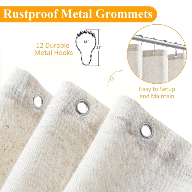 Alt view image 7 of 7 - Linen Shower Curtain 72 Inch Long for Bathroom Beige 1 Panel | 6FT, Neutral Rustic Boho Farmhouse, Water Repellent, Bath Decor Shower Curtains, Textured Fabric with Hooks, 72x72