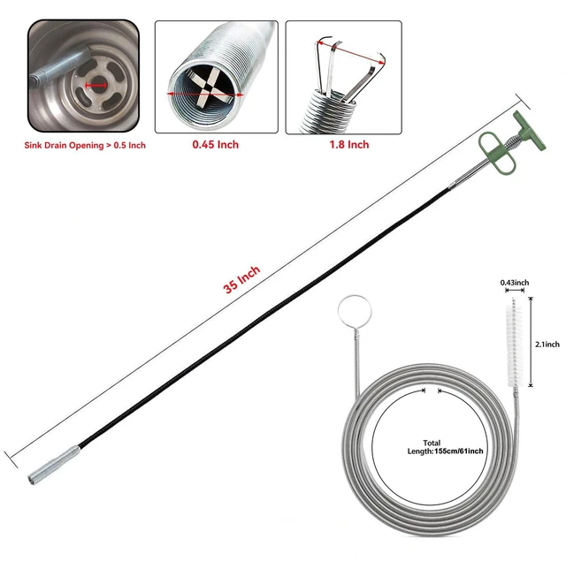 Alt view image 2 of 7 - 2-in-1 Drain Cleaning Kit, 33-Inch 4-Claw Grabber & 60-Inch Drain Brush | 4-Claw Hair Removal Flexible Pipe Scrubbing Clears Debris And Residue For Sinks, Showers, Bathtubs And Kitchen Drains