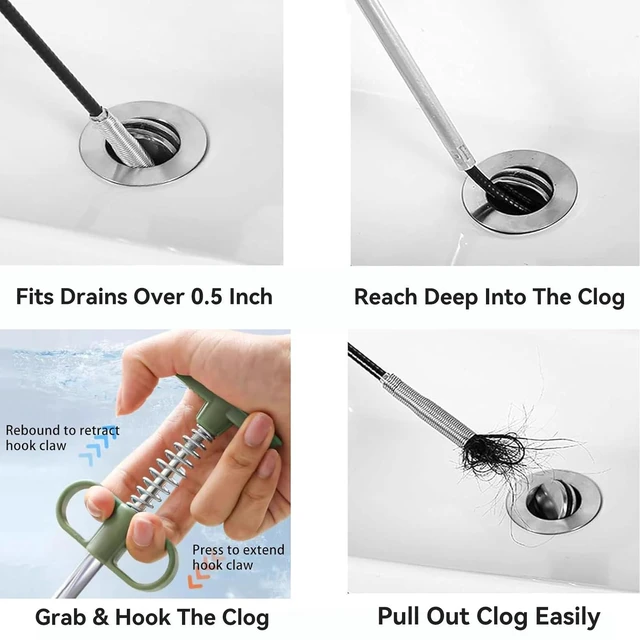 Alt view image 3 of 7 - 2-in-1 Drain Cleaning Kit, 33-Inch 4-Claw Grabber & 60-Inch Drain Brush | 4-Claw Hair Removal Flexible Pipe Scrubbing Clears Debris And Residue For Sinks, Showers, Bathtubs And Kitchen Drains