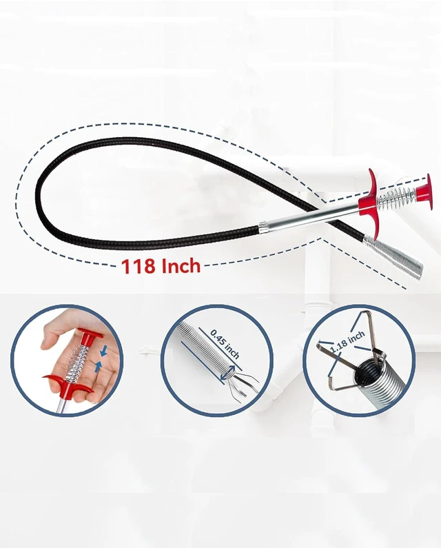 Alt view image 3 of 7 - 118" Drain Snake Hair Remover Tool, Flexible Clog Remover with 4-Claw Grabber, Long Reach Drain Cleaning Tool for Sink, Bathtub, Shower, Toilet and Tight Spaces