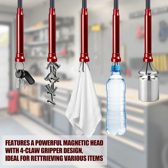 Alt view image 2 of 7 - Flexible Grabber Tool, Magnetic 4-Claw Gripper (24", Red) | Mechanic Pickup Tool with Spring-Loaded Handle; for Automotive, Engine Bay, Bathroom, Kitchen, Sewers, Drain, Small Spaces