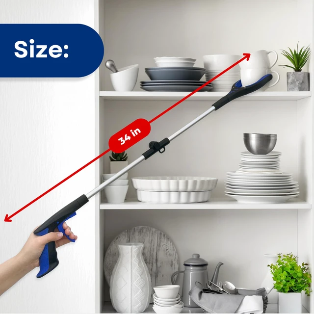 Alt view image 7 of 7 - 34 Inch Extra Long Reacher Grabber - Foldable with Rotating Jaw (Blue) | Mobility Aid Reaching Tool to retrieve household items from floors, shelves, vehicles and tight spaces