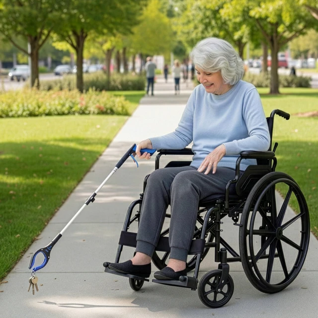 Alt view image 3 of 7 - 34 Inch Extra Long Reacher Grabber - Foldable with Rotating Jaw (Blue) | Mobility Aid Reaching Tool to retrieve household items from floors, shelves, vehicles and tight spaces