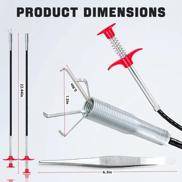 Alt view image 2 of 7 - Tweezers Drain Clog Remover Tool, 24-Inch Flexible Grabber Claw Drain Snake | Includes Tweezers and 4-Claw Bendable Plumbing Reacher for Sink, Shower, Tub, Toilet, Sewer, Kitchen and Bathroom Pipes