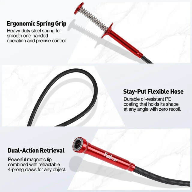Alt view image 6 of 7 - 24-Inch Flexible Magnetic Pickup Tool, 4LB Retractable 4-Claw Grabber | 4LB Magnetic Pull, Retractable Claw and Stay-Bent Eco-PE Shaft; Reaches Engine Bays, Plumbing Traps and Narrow Spaces
