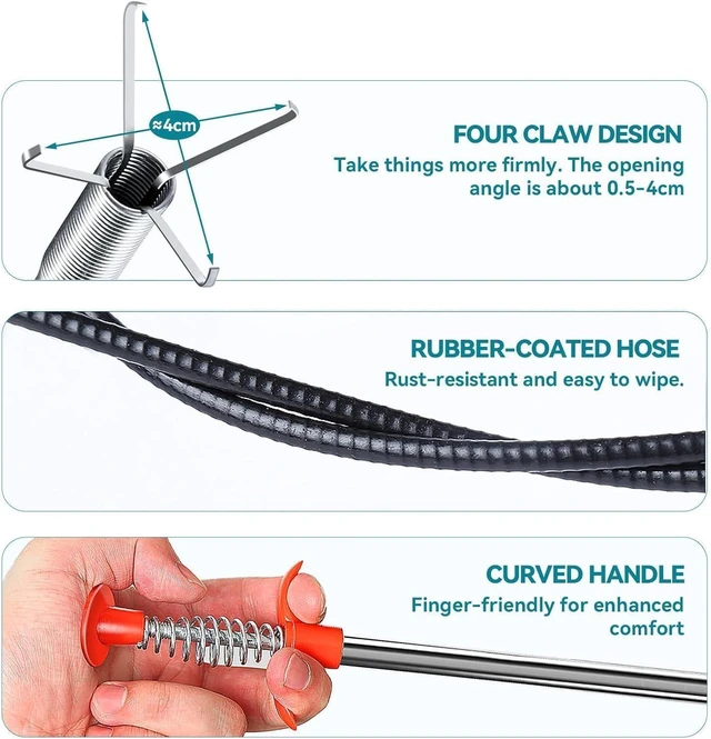 Alt view image 2 of 7 - 33 Inch Sink Drain Snake Hair Clog Remover, Flexible 4-Claw Grabber | Compact 33-Inch Reach 4-Prong Claw Bendable Shaft Sink, Shower & Tub Hair Pickup
