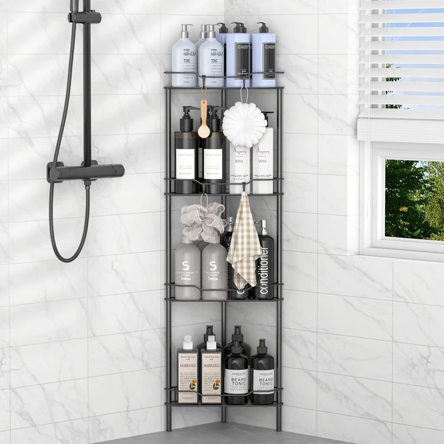 Main image of 4 Tier Floor Standing Corner Shower Caddy Organizer Shelf with Hooks, Bathroom Shelves Stand Rack, Black