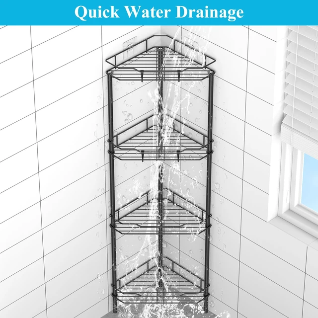 Alt view image 6 of 7 - 4 Tier Floor Standing Corner Shower Caddy Organizer Shelf with Hooks, Bathroom Shelves Stand Rack, Black