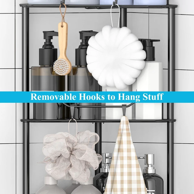 Alt view image 5 of 7 - 4 Tier Floor Standing Corner Shower Caddy Organizer Shelf with Hooks, Bathroom Shelves Stand Rack, Black