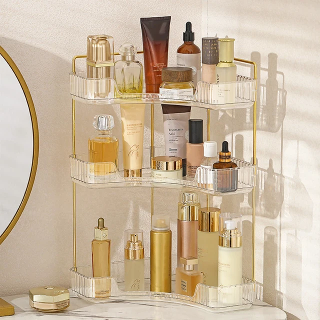 Main image of Corner Bathroom Counter Organizer, Bathroom Countertop Shelf Makeup Storage, Clear Perfume Tray Holder (3 Tiers, White)