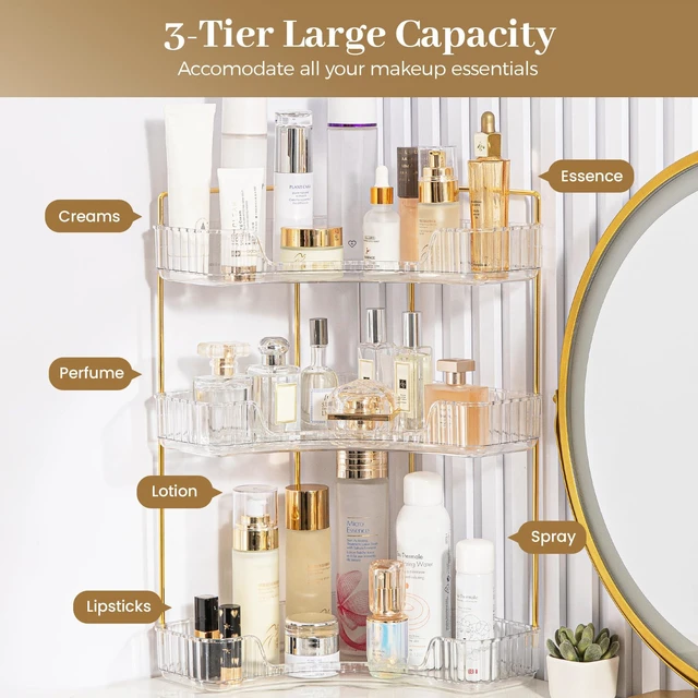 Alt view image 2 of 6 - Corner Bathroom Counter Organizer, Bathroom Countertop Shelf Makeup Storage, Clear Perfume Tray Holder (3 Tiers, White)