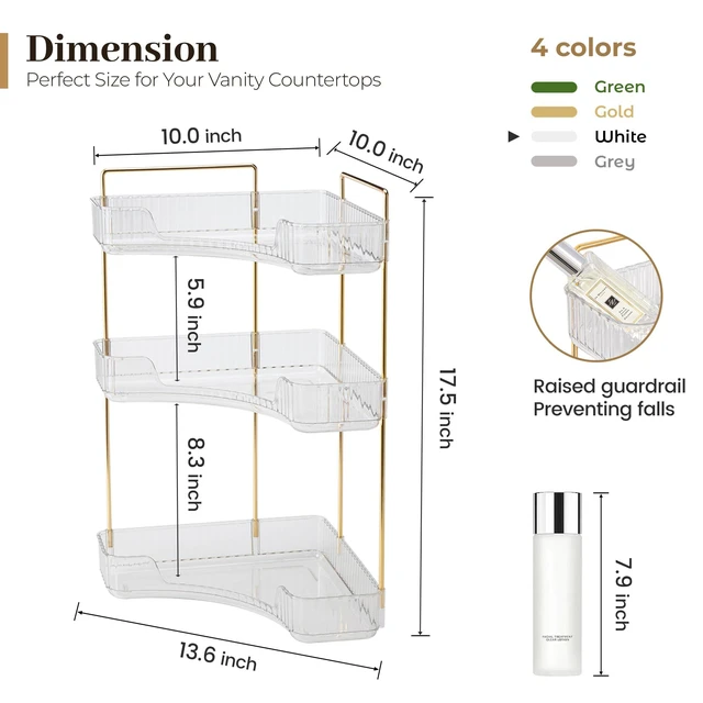 Alt view image 3 of 6 - Corner Bathroom Counter Organizer, Bathroom Countertop Shelf Makeup Storage, Clear Perfume Tray Holder (3 Tiers, White)