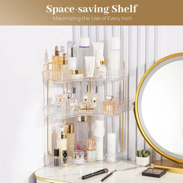 Alt view image 6 of 6 - Corner Bathroom Counter Organizer, Bathroom Countertop Shelf Makeup Storage, Clear Perfume Tray Holder (3 Tiers, White)