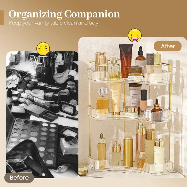 Alt view image 5 of 6 - Corner Bathroom Counter Organizer, Bathroom Countertop Shelf Makeup Storage, Clear Perfume Tray Holder (3 Tiers, White)