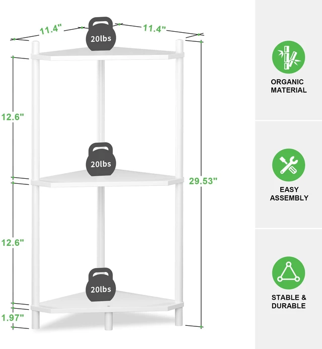 Alt view image 7 of 7 - White Small Corner Shelf Stand, 3-Tier Bamboo Corner Bookshelf | Space-Saving Narrow Corner Shelf | Bathroom Corner Shelf | Shelves for Bedroom, Living Room, Kitchen & Plant Display